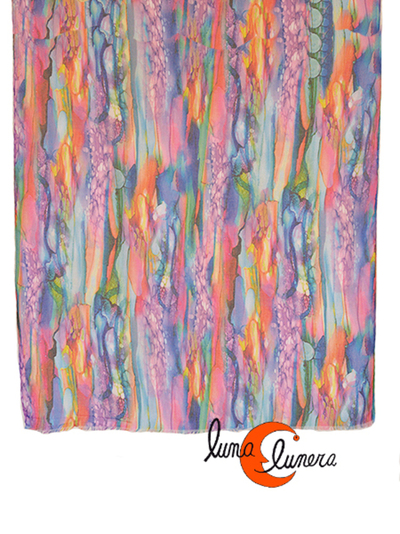 Pañuelo tipo fular de algodón y seda de con muchos y vistosos colores y un estampado que imita gotas de agua