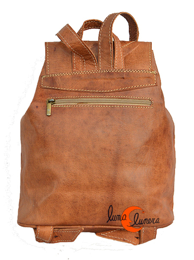 mochila de piel pequeña con sol con bolsillo antirrobo