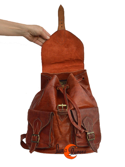 mochila de piel de Marruecos grande con bolsillos