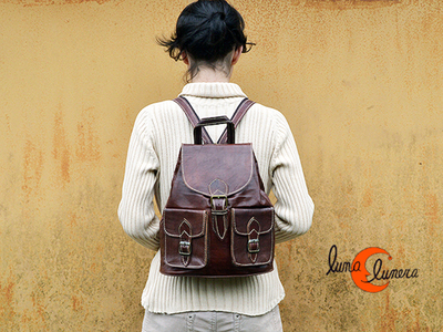 Mochila de cuero de Marruecos, mediana con bolsillos
