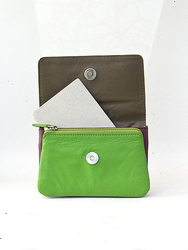 Monedero con solapa de piel, con dos compartimentos interiores, uno con cremallera.