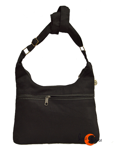 Bolso de tela pequeño negro. Reverso.