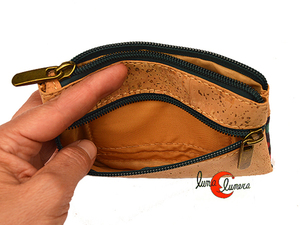 Monedero tarjetero corcho y tela con dos cremalleras independientes