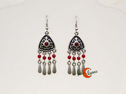 Pendiente plata y granate flecos