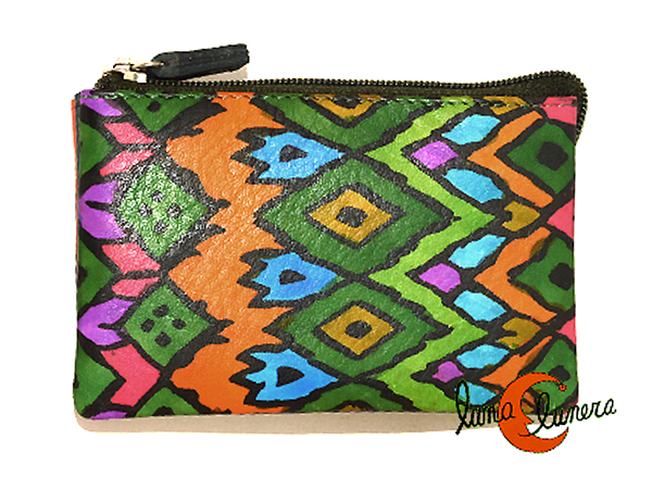 Monedero piel con cremalllera redondo flores de colores. Verde