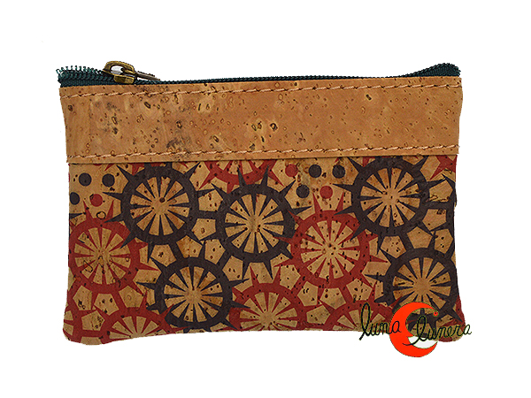 Monedero pequeño vegano de corcho tela con cremalleras con dibujos