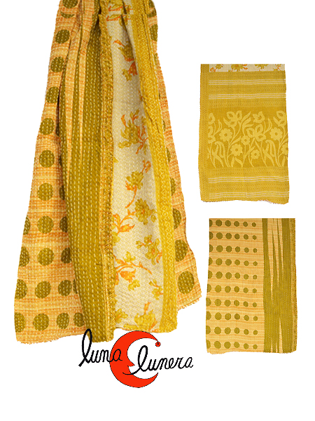 Fulares de India, hechos con telas de saris Lunares verdes  sobre tonos