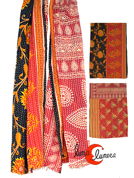 Fulares de India, hechos con telas de saris Flores amarillas  sobre fondo