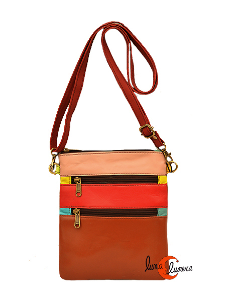 Bolso bandolera pequeño plano paseo con tres cremalleras de Siruka, bolsos artesanales de piel de colores