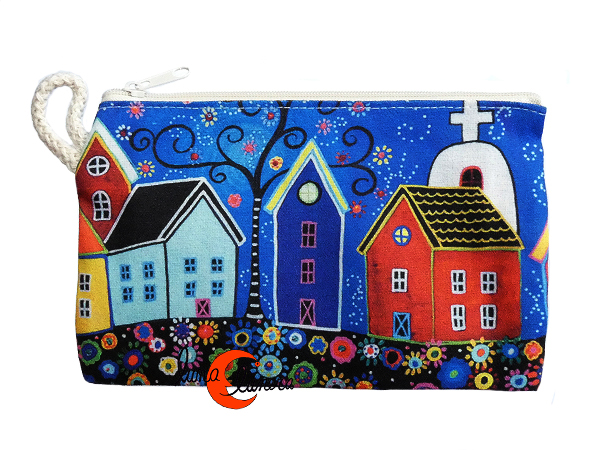 Monedero colores grande o estuche de tela con cremallera, azul con casa 