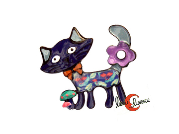 Broche gato de pie con flor en la cola . Azul.