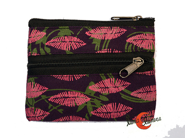 Monedero de tela pequeño con dos cremalleras Mugling. Plumas morado.
