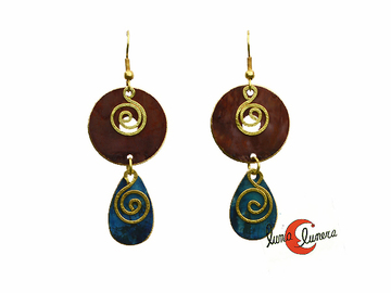 Pendientes de latón, doble con gota pequeña azul marrón.