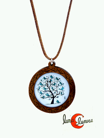 Colgantes de cristal con imágenes sobre base de madera. Pequeño. Árbol de la vida con pájaros.
