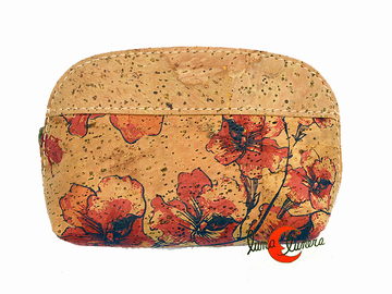 Corcho. Monedero pequeño redondo con cremallera. Amapolas rojas.