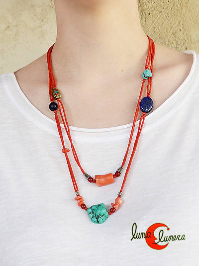 Collares India. Collar de piedras naturales dos en uno,  largo o corto. Coral rojo y turquesa.