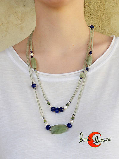 Collares India. Collar de piedras naturales dos en uno,  largo o corto. Jaspe, perla y lápiz lázuli.