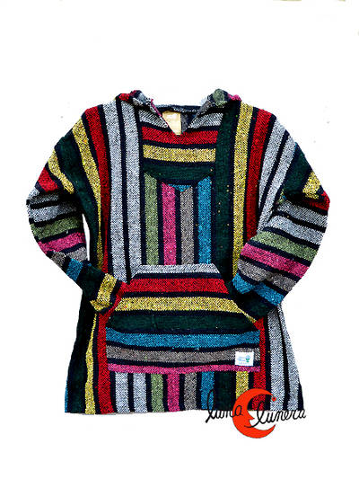 Poncho sudadera unisex con capucha de telas recicladas, rayas de