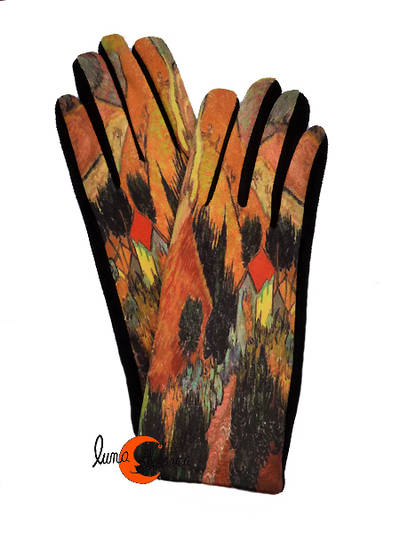 Guantes con imágenes de cuadros famosos, Paisaje con cabaña y labrador de Van Gogh.