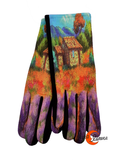 Guantes con imágenes inspirados en cuadros famosos, paisaje con cabaña impresionistas.