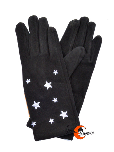 Guantes de tela color liso con estrellas bordadas blancas, color negro.