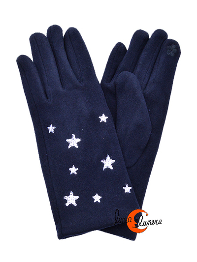 Guantes de tela color liso con estrellas bordadas blancas, color azul marino.