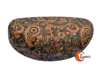 Colección Corcho. Funda para gafas rígida redonda grande, cachemira fina azul.