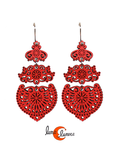 Silvereira, pendiente de madera calada, grande tres piezas, luso color rojo.