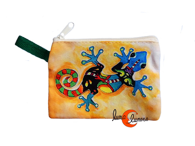 Monedero colores pequeño de tela con cremallera, salamandra amarillo.