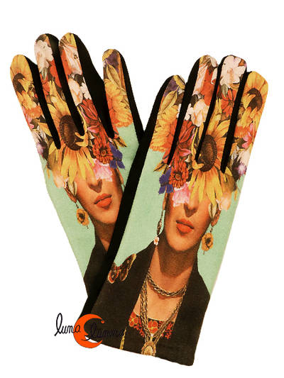 Guantes con imágenes de cuadros famosos, retrato de Frida Kahlo con un girasol en la cara.