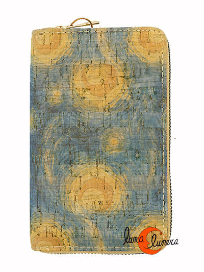 Corcho. Cartera mediana monedero y tarjetero con cremallera de corcho 13, lunas de la noche estrellada de Van Gogh.