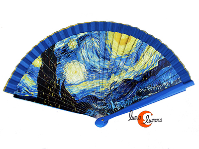Abanico de tela y madera pintada, Noche Estrellada de Van Gogh.