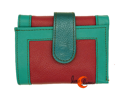 Carteras de piel Soruka. Cartera pequeña azul verdoso y granate.