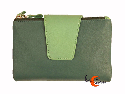 Cartera de piel Belmonte lisa mediana 39 gris marengo o gris azulado con trabilla verde agua.