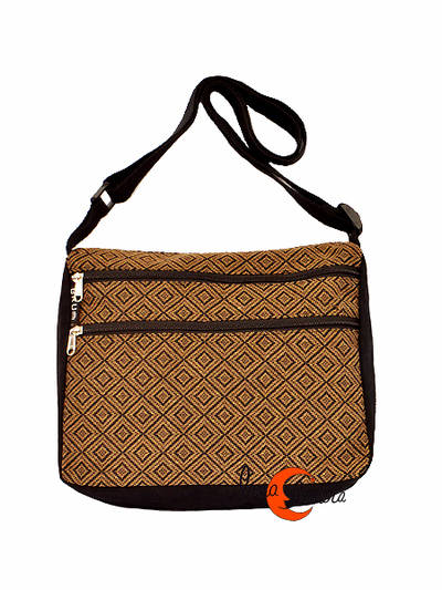 Bolsos de tela BRUO. Bolso bandolera grande negro con tela rústica marrón.