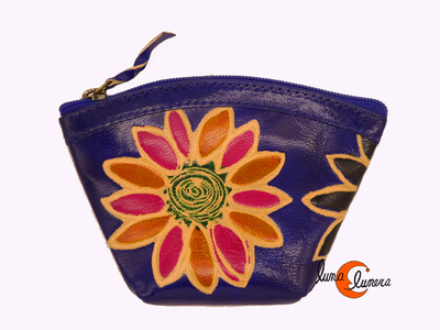 Shanti, monederos de piel de India. Monedero barco pequeño, azul.