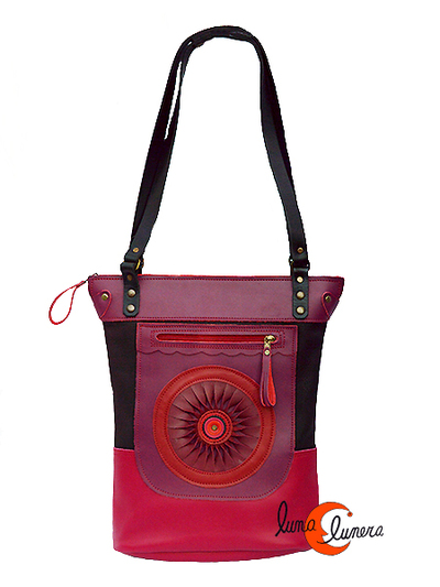 Bolso de cuero artesanal Arco Iris. Bolso shopping grande rectángular para ordenador (máximo de 36 por 24 cm.) rojo frambuesa y morado.