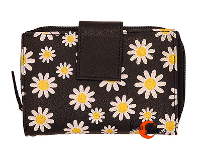 Cartera de piel suave Grescart. Mediana 105-S, negra con margaritas.