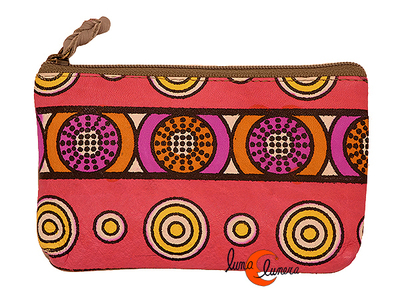 Monedero de piel Grescart 066-S. Monedero rectangular círculos fucsias, naranjos y amarillos.