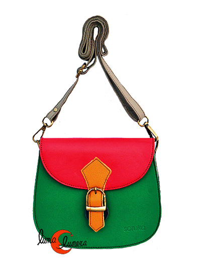 Soruka, bolsos de piel de colores. Bolso pequeño redondo, verde y rojo.