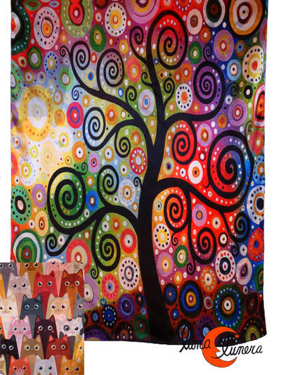 Pañuelo largo tipo fular reversible, árbol con espirales.
