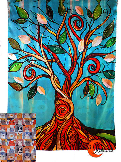 Pañuelo largo tipo fular reversible, árbol con hojas.