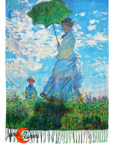 Bufanda REVERSIBLE, cuadros de pintores famosos. Mujer con Sombrilla de Monet/Almendro en Flor de Van Gogh.