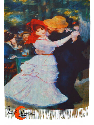 Bufanda REVERSIBLE, cuadros de pintores famosos. Baile en Bougival de Renoir/Campo de flores de Van Gogh.