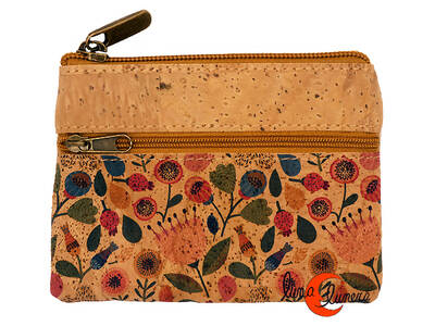 Corcho. Monedero grande rectangular con tres cremalleras, amapolas.