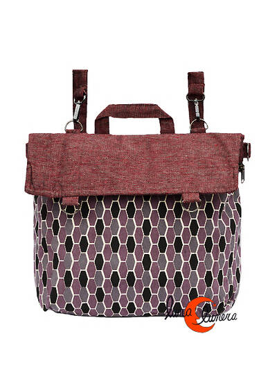 Mochilas de tela Mugling. Mochila cuadrada y bandolera roja jaspeada hexágonos.