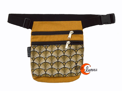 Riñoneras de tela BRUO. Riñonera mediana con dos cremalleras amarillo mostaza abanicos.