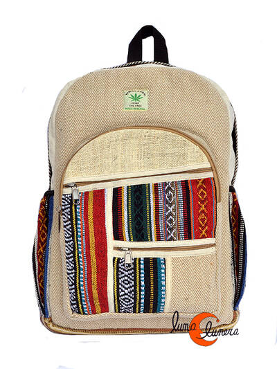 Mochila de tela de algodón y cáñamo, grande beige con raya roja. 