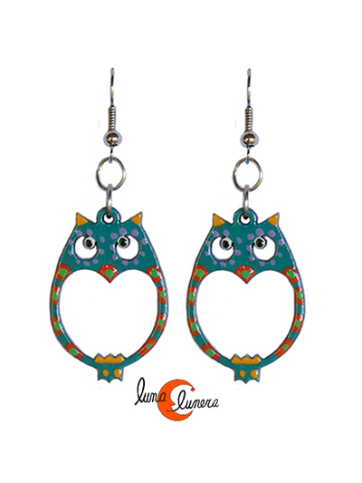 Pendientes de madera pintada, búho.