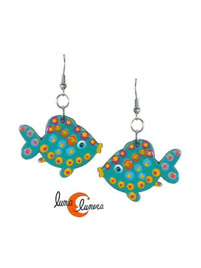 Pendientes de madera pintada, pez verde.